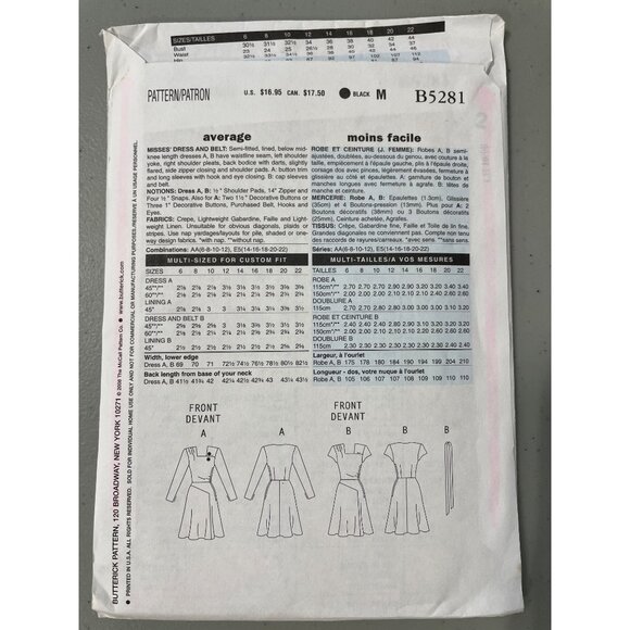 Butterick Sewing Pattern Size AA 6-12 B5281 Misses Retro 1946 Lined Dress & Belt - Picture 3 of 6